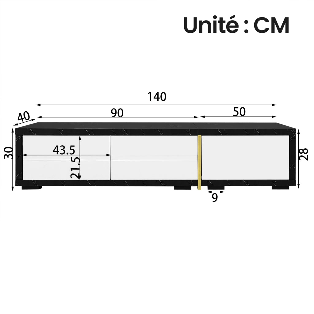 Mobile TV Allungabile Girevole 140–260 cm con Contenimento; Effetto Marmo Nero; Frontale Bianco Lucido; Dettagli Oro; MDF; 140×40×30 cm