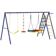 GIOCO PER BAMBINI 3-8 ANNI CON 3 ALTALENE SCALA A CORDA E CANESTRO BASKET IN ACCIAIO PE E PP 3.5X1.8X2 M