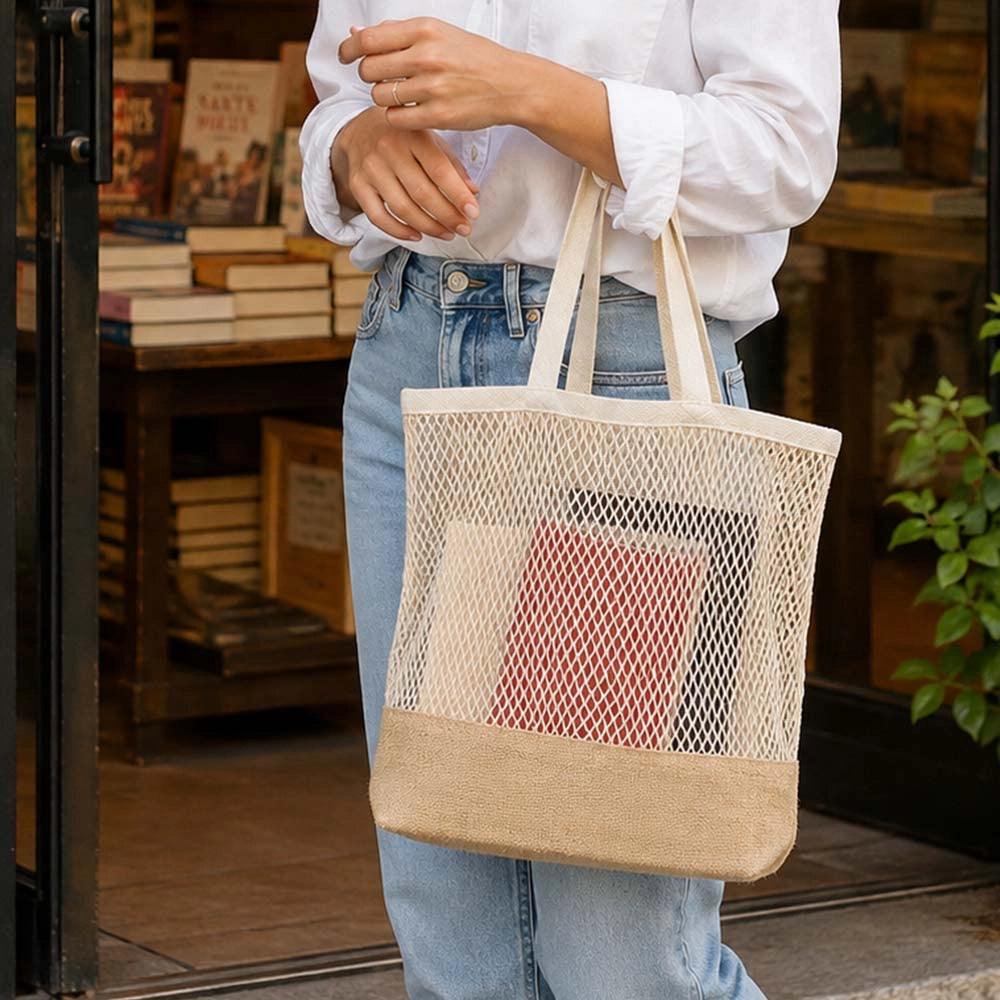 Borsa Shopper a Rete Beige con Base in Juta leggera capiente e riutilizzabile