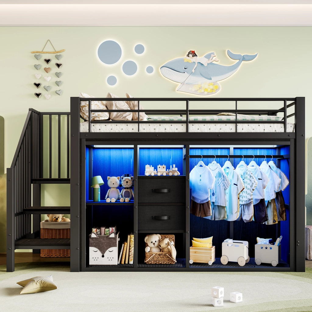 OKWISH Letto a soppalco 90×200 cm, Letto Singolo con 2 Cassetti, LED Multicolore e Armadio Aperto, senza Materasso, Metallo, Nero