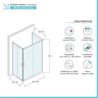 Box doccia 3 lati 70x100x70 cm doppio scorrevole trasparente  Tay