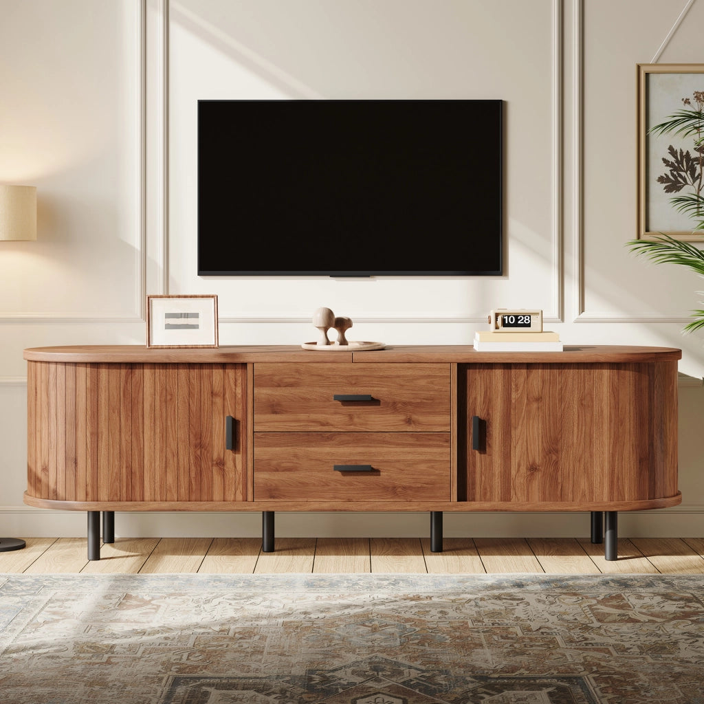 Mobile TV con 2 ante scorrevoli e 2 cassetti; per soggiorno; in MDF e PB; 160×40×55 cm; noce