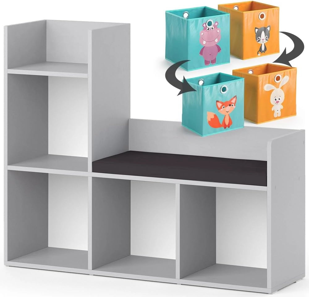 Scaffale per bambini Luigi, Grigio, 107.2 x 88.6 cm con 2 scatole pieghevoli opt.2, con seduta imbottita e quattro ripiani aperti