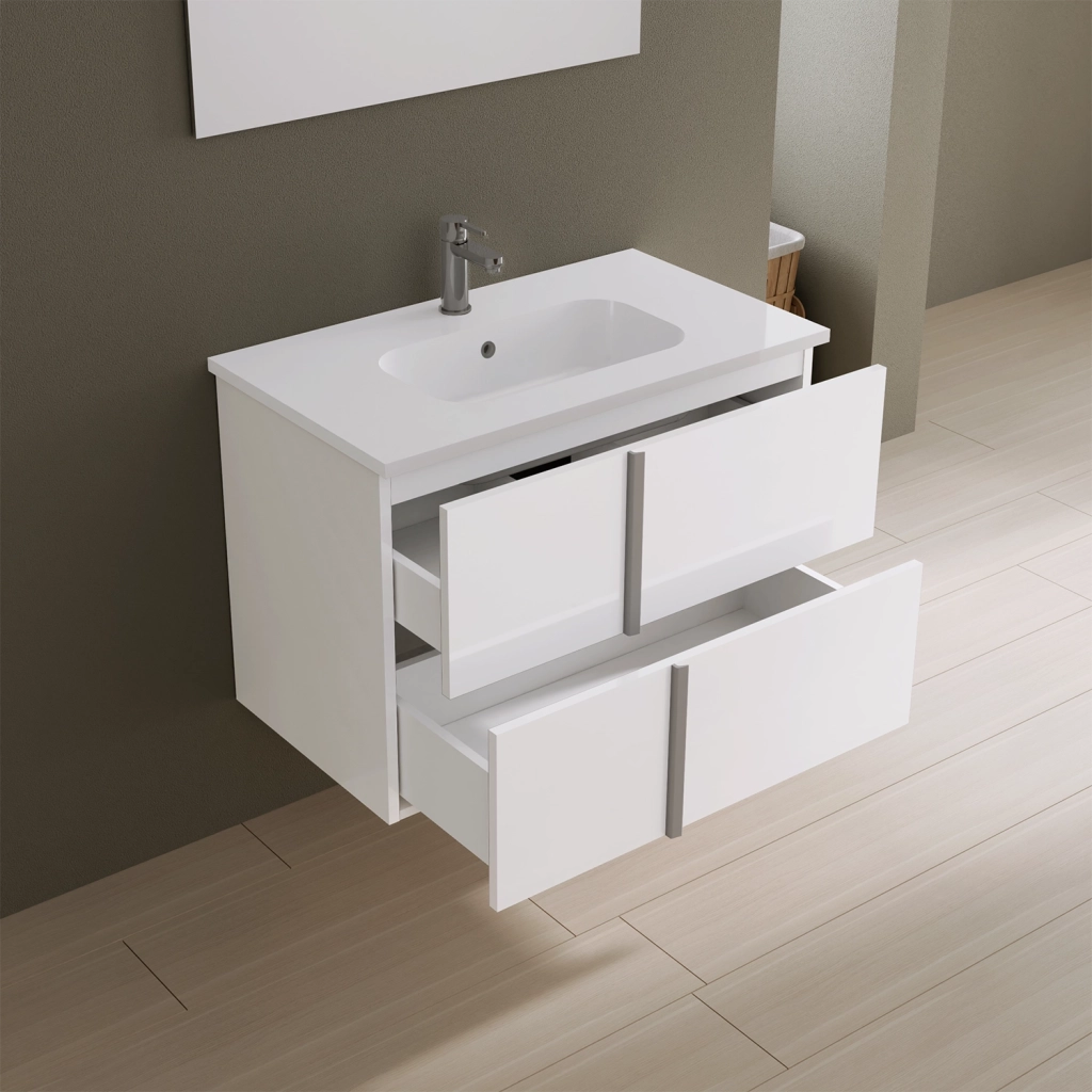 Mobile da bagno sospeso 100cm bianco lucido con lavabo in ceramica e specchio | Hoia