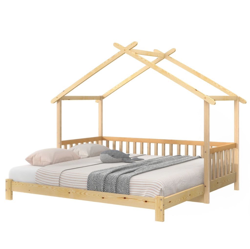 Letto casetta estensibile 208x182x170 cm; legno massello naturale