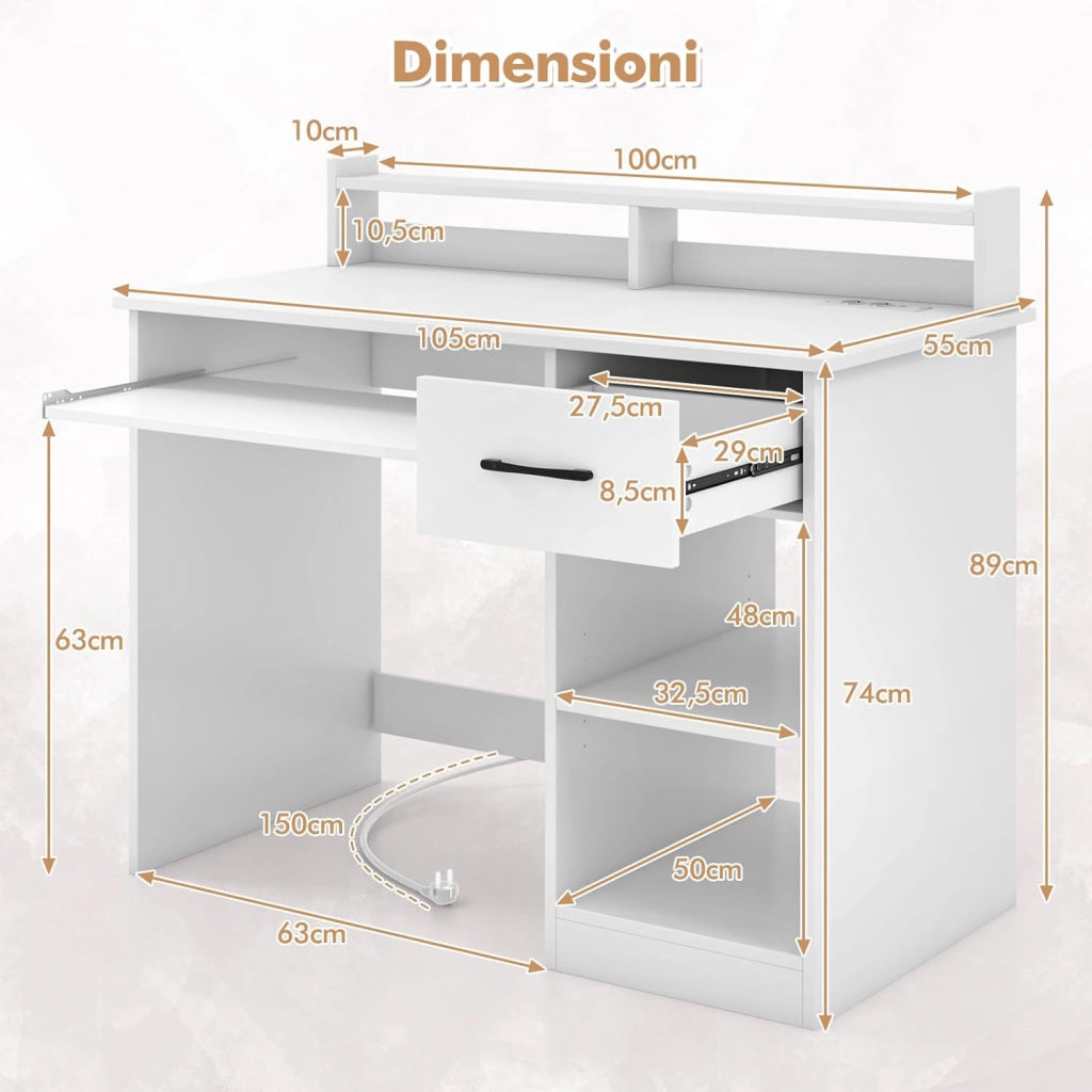Scrivania per Computer con 2 Prese di Corrente e Prese USB, Scrivania Salvaspazio con Cassetto e Ripiano Estraibile per Tastiera e Ripiano Regolabile,105 x 55 x 89 cm, Bianco