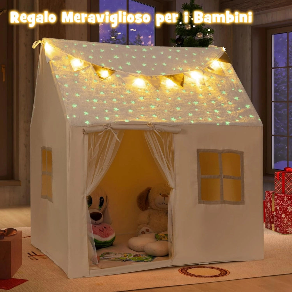 Tenda Casetta per Bambini con Tetto Stellato Luminoso nel Buio, Tenda per Bambini con Luci e Bandierine, Tenda da Gioco con Porta, 2 Finestre e Tappetino, per Interno ed Esterno (Beige)