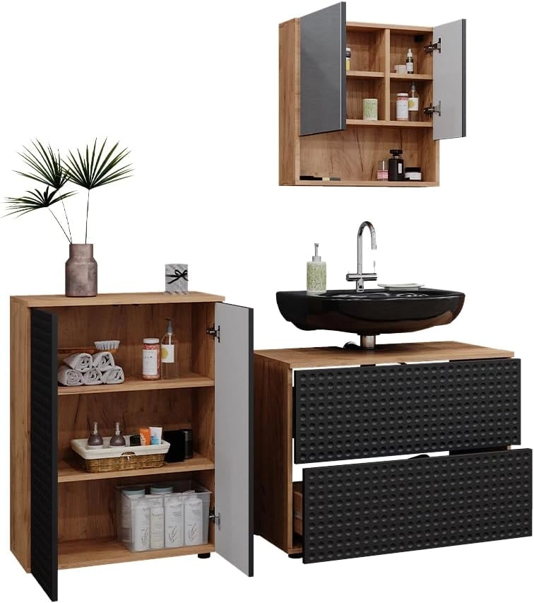 Set mobili bagno Irma, Antracite puntinato, 80 cm, composto da mobile sottolavabo, specchiera e mobile medio
