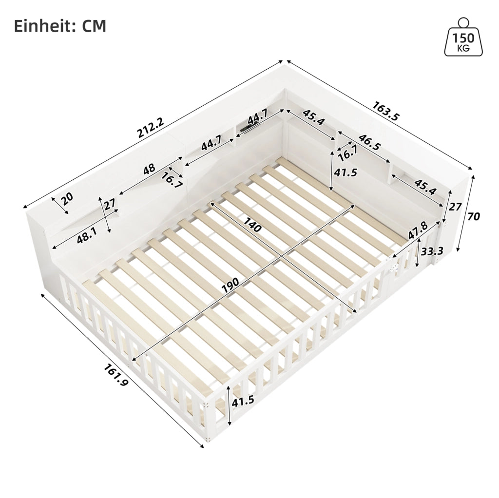LETTO 140x190 cm in truciolare e MDF bianco con prese USB