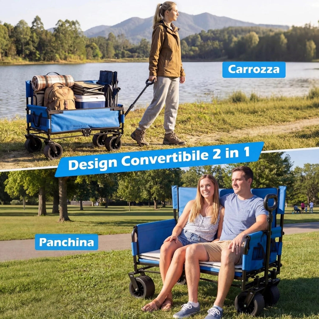 2 in 1 Carrello Pieghevole con Panca, Carrello Trasportabile con Maniglia Regolabile, Cuscini Morbidi e Ruote, Carrello da Giardino in 600D Oxford, 80 kg, 85 L, per Campeggio e Spiaggia (Blu)