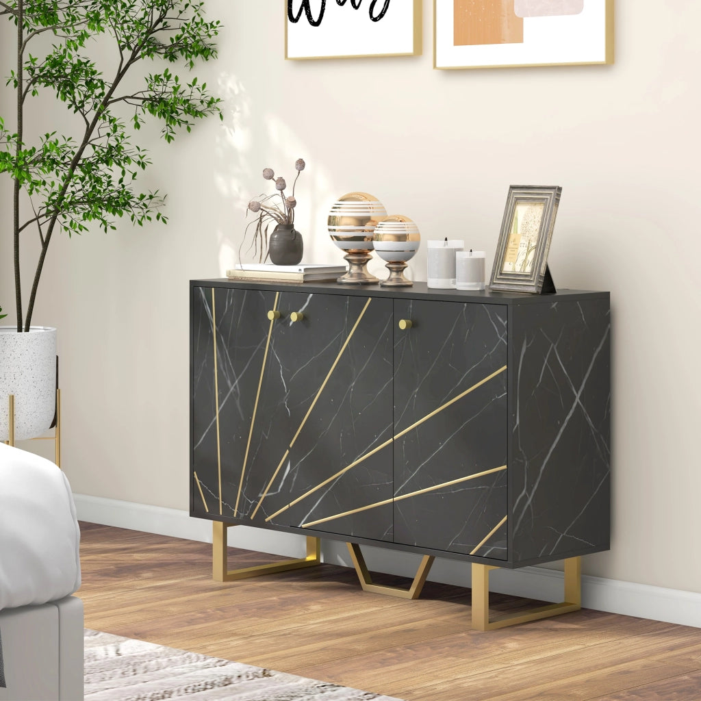 Buffet con 2 ante 3 porte e ripiano regolabile ¨C Zephmum ¨C Nero effetto marmo con gambe metallo