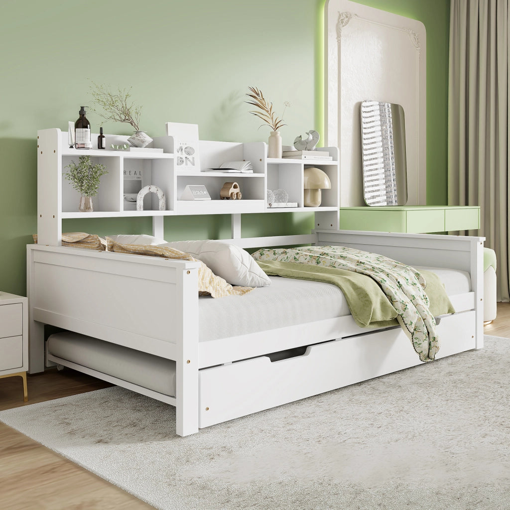 OKWISH Letto a Scomparsa 90×200 cm, Letto Singolo con Letto Estraibile 90×190 cm, Vani Portaoggetti e Cassetto, senza Materasso, Bianco