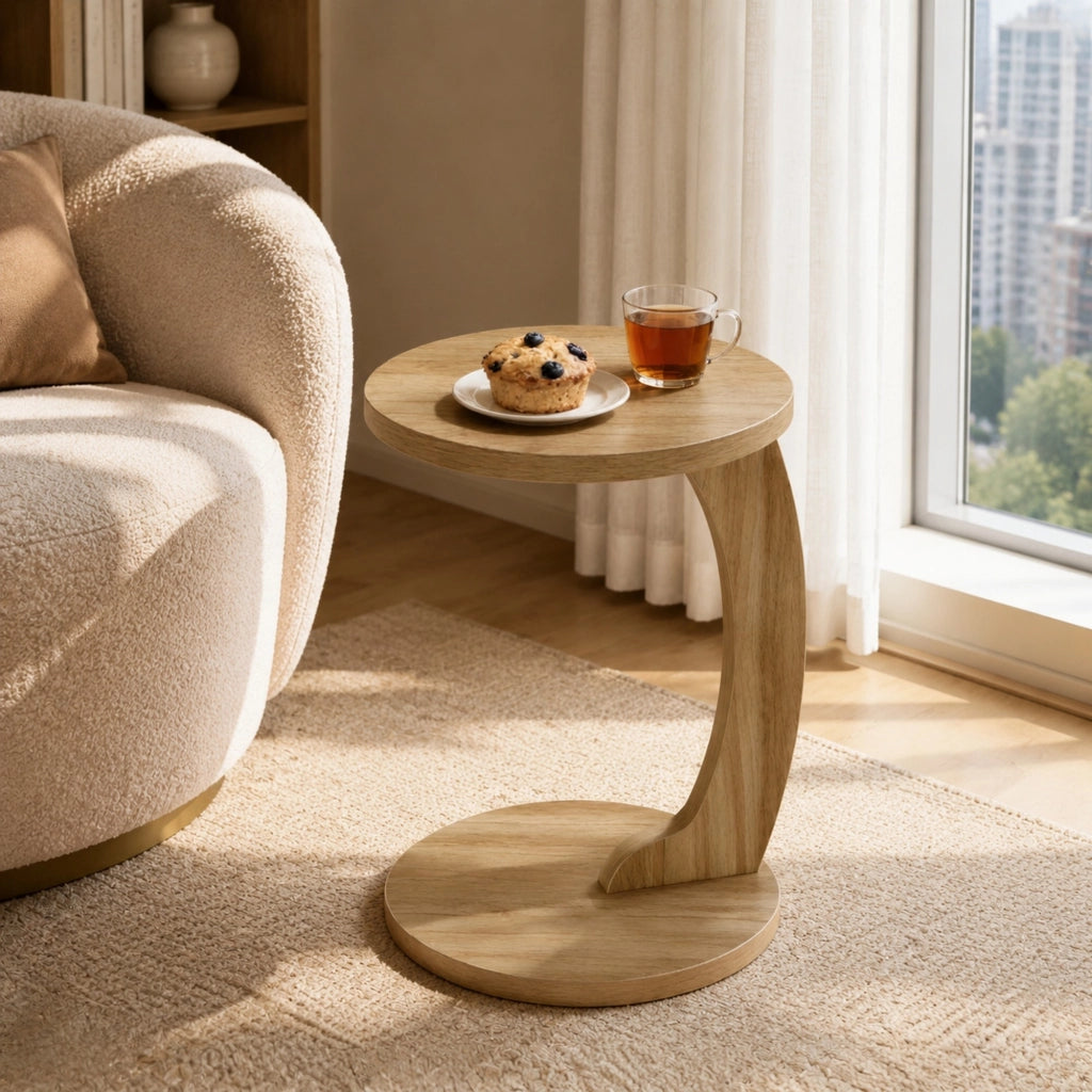 Tavolino laterale a C rotondo in MDF rovere chiaro, 38 x 55 cm