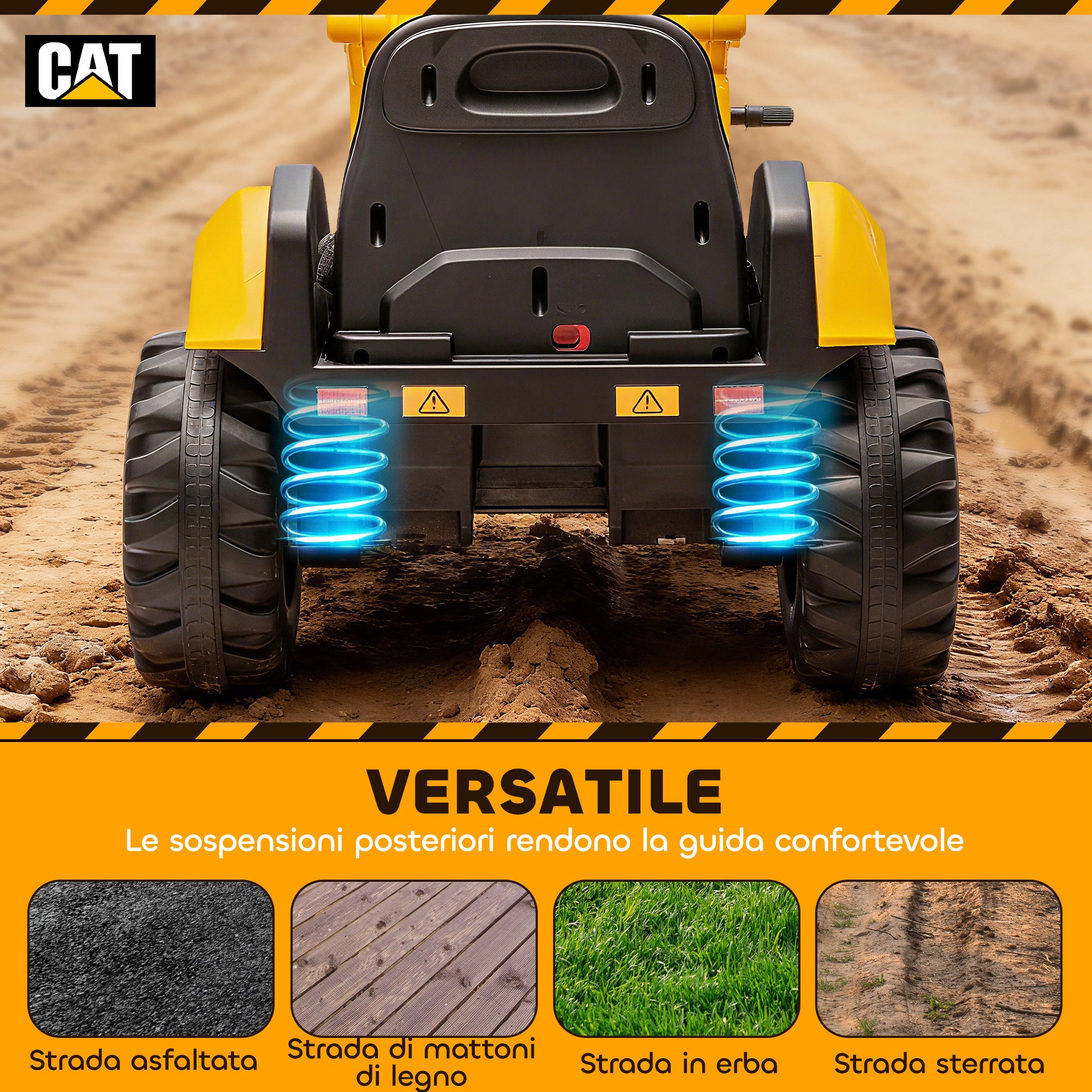 Ruspa Elettrica per Bambini 3-6 Anni Marchio Ufficiale Caterpillar 12V con Telecomando Giallo
