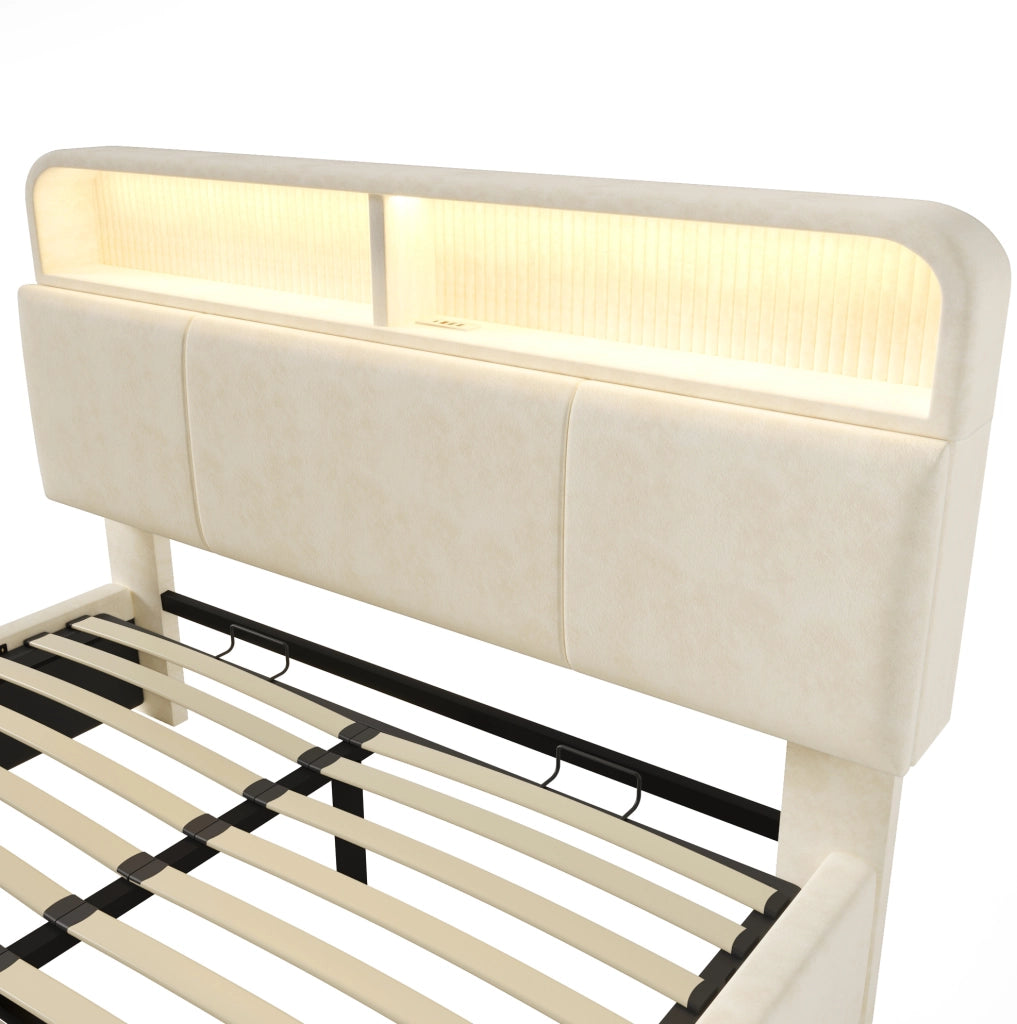 Letto matrimoniale 160x200 cm con contenitore idraulico; LED; USB/Type-C; velluto beige