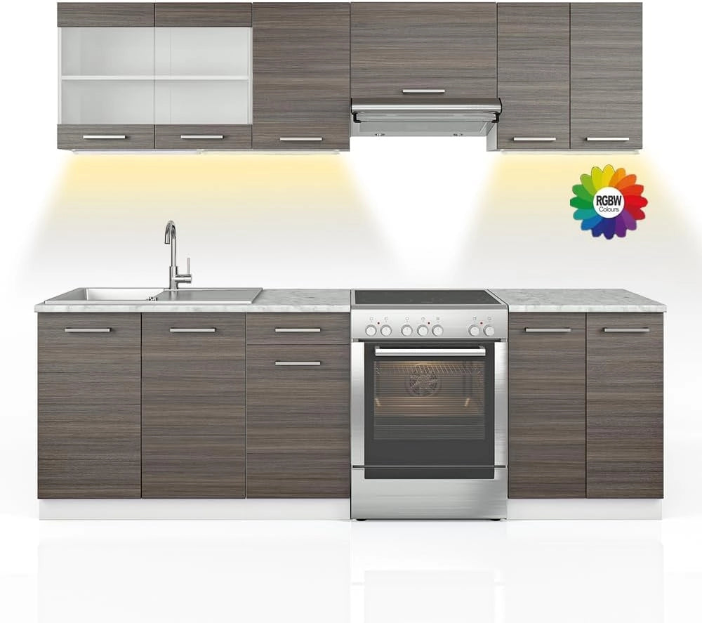 Cucina componibile Optima, Bianco lucido/bianco, 270 cm senza piano di lavoro, adatto per disposizione e ampliamento personalizzati