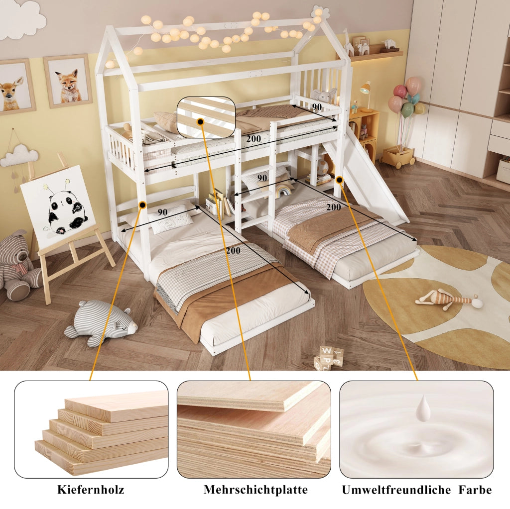 Letto a soppalco per bambini con scivolo e tetto