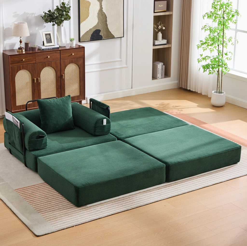 Divano modulare velluto a coste verde con pouf, cuscino e tasca laterale