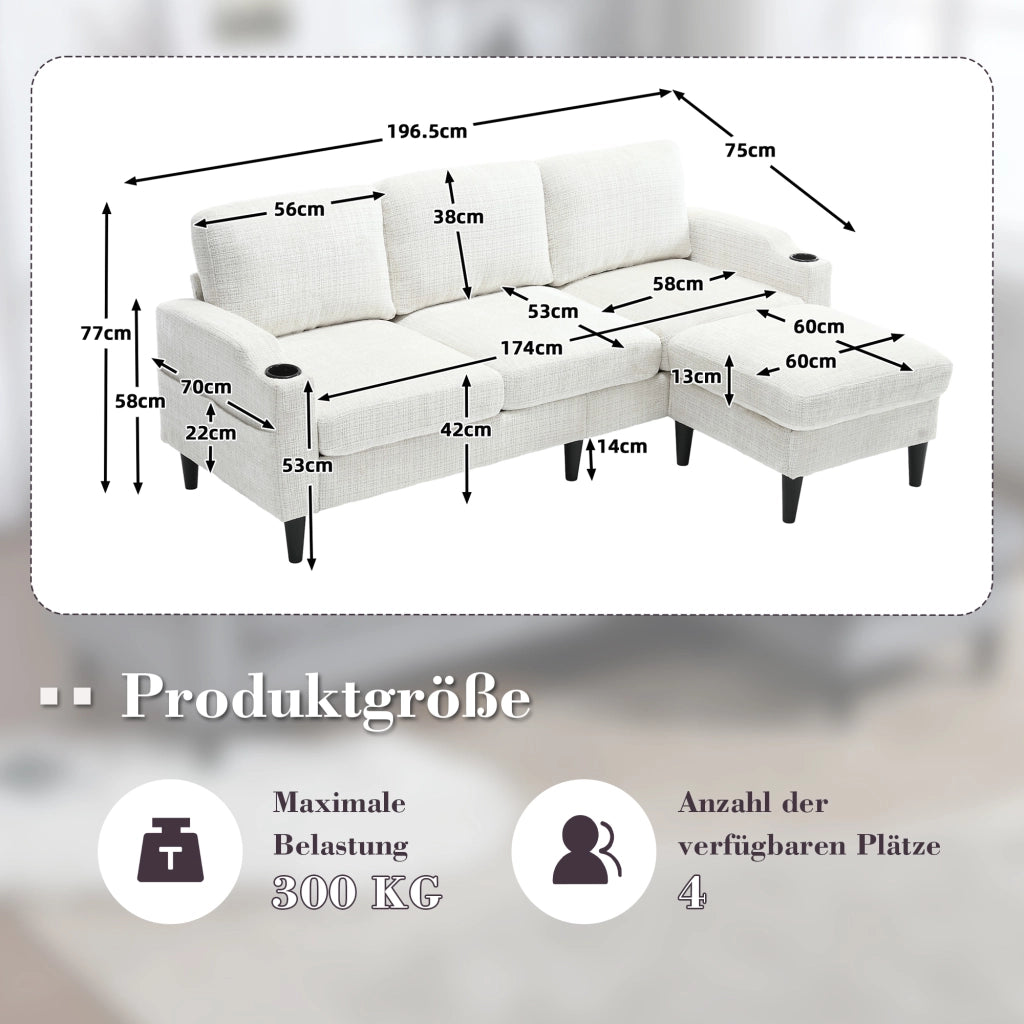 DIVANO 4 POSTI Con Pouf e Contenitore 196,5x75x77 cm Chenille Beige