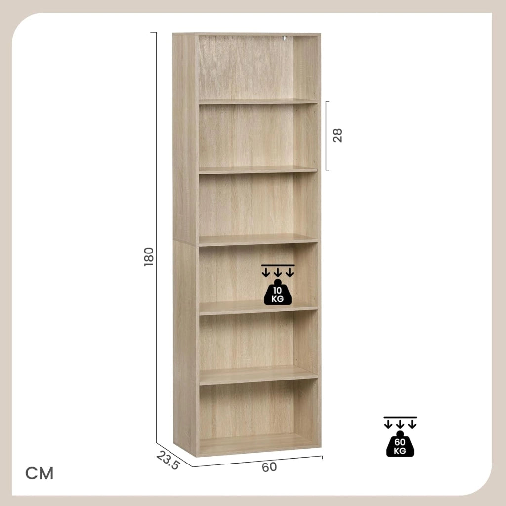 Libreria a Pavimento con 6 Ripiani Regolabili, Scaffale Aperto per Soggiorno Ufficio Camera, Divisorio Ambienti, 60x180x23,5 cm, Rovere Chiaro