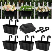 5 Pacchetto di vaschette metalliche appese per cancelli - nero, grandi vaschette appese per balcone, secchio di ferro con ganci rimovibili e fori di drenaggio (28 cm)