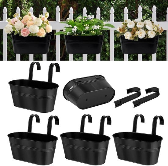 5 Pacchetto di vaschette metalliche appese per cancelli - nero, grandi vaschette appese per balcone, secchio di ferro con ganci rimovibili e fori di drenaggio (28 cm)