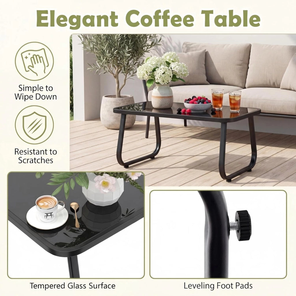 Set di Conversazione per Patio, Set di Mobili 4 Pezzi con Tavolino in Vetro Temperato, Ampio Divano a Due Posti, 2 Sedie Accoglienti, Tessuto Traspirante, per Giardino, Bordo Piscina