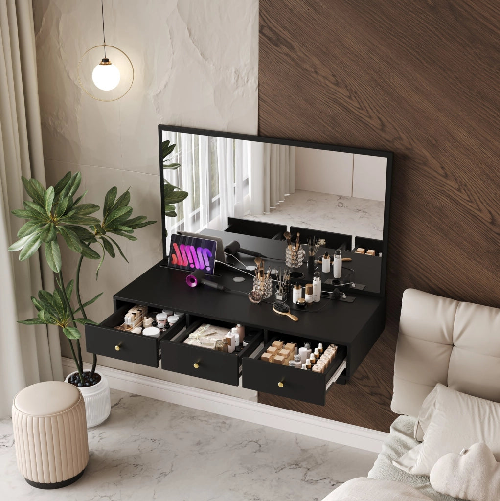 Tavolo da trucco 100x45x105 cm con specchio e 3 cassetti in truciolare nero