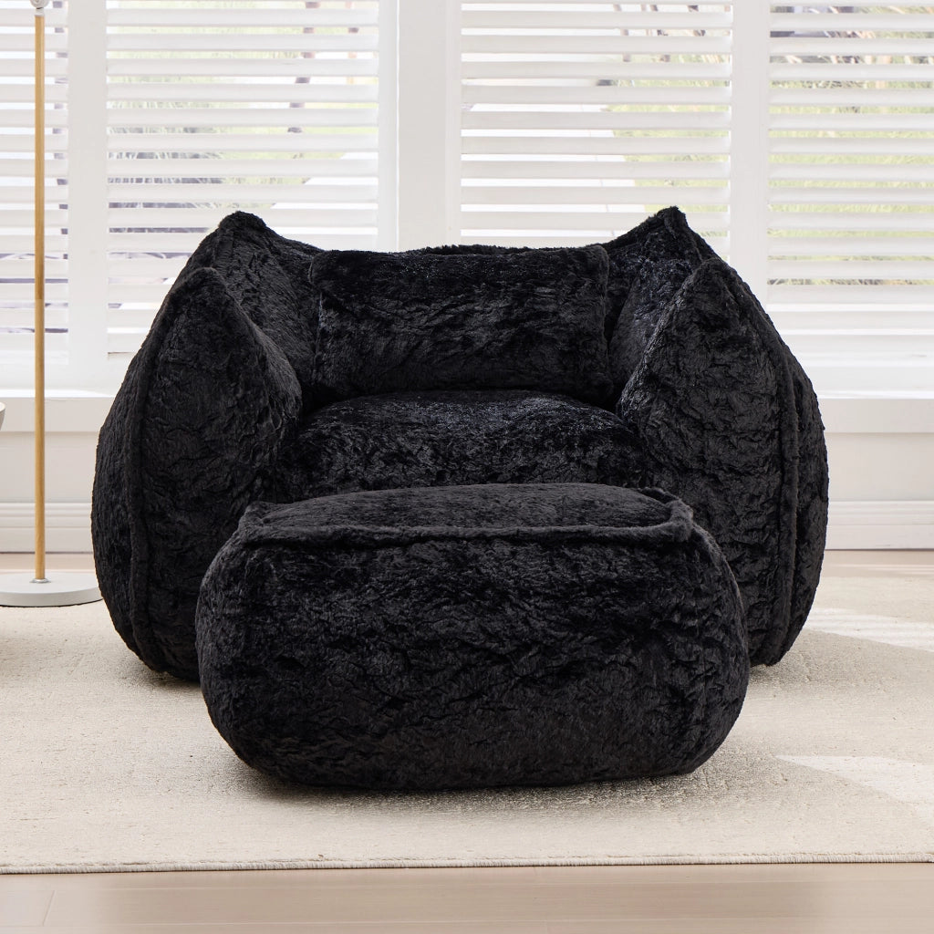 POLTRONA SACCO in Faux Fur Nera con Poggiapiedi
