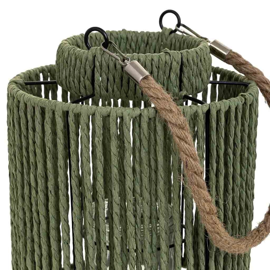 Lanterna portacandele in metallo e corda in carta verde d19,5x19,5h
