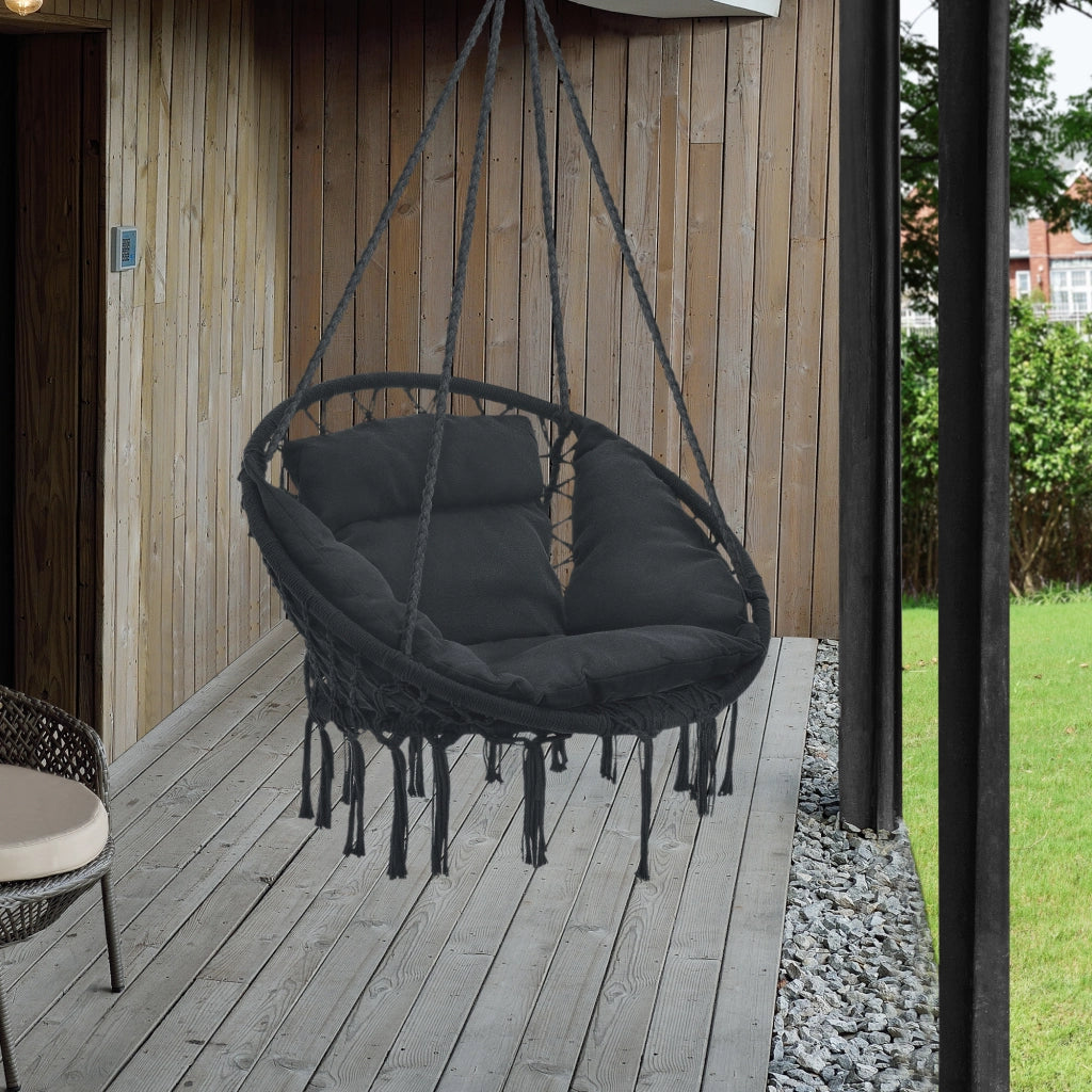 Poltrona Sospesa con Cuscini Altezza Completa di Sostegno 135 cm Altalena Relax Poltrona Appendibile per Interno / Esterno - Supporto Fino a 150 kg - Nero