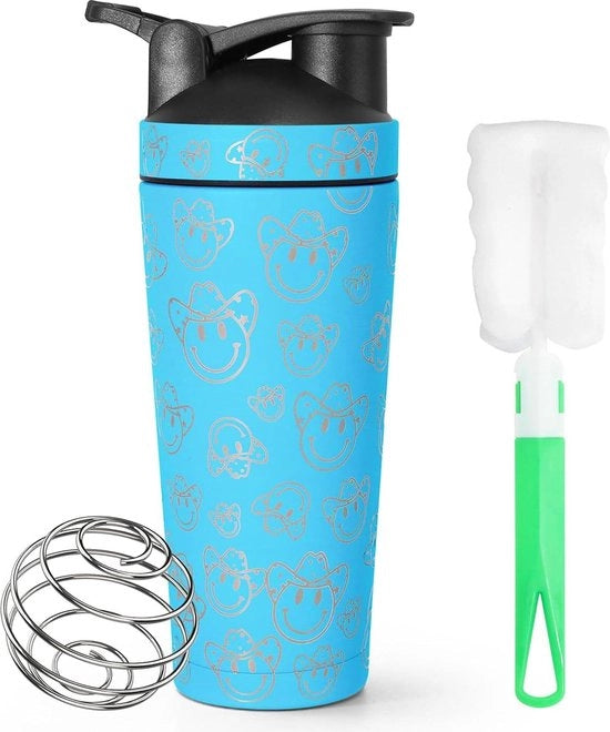Shaker proteico in acciaio inossidabile con BlenderBall - 750 ml - isolato a vuoto - sciacque cremosi - shaker proteico - impermeabile - BPA-free - blu