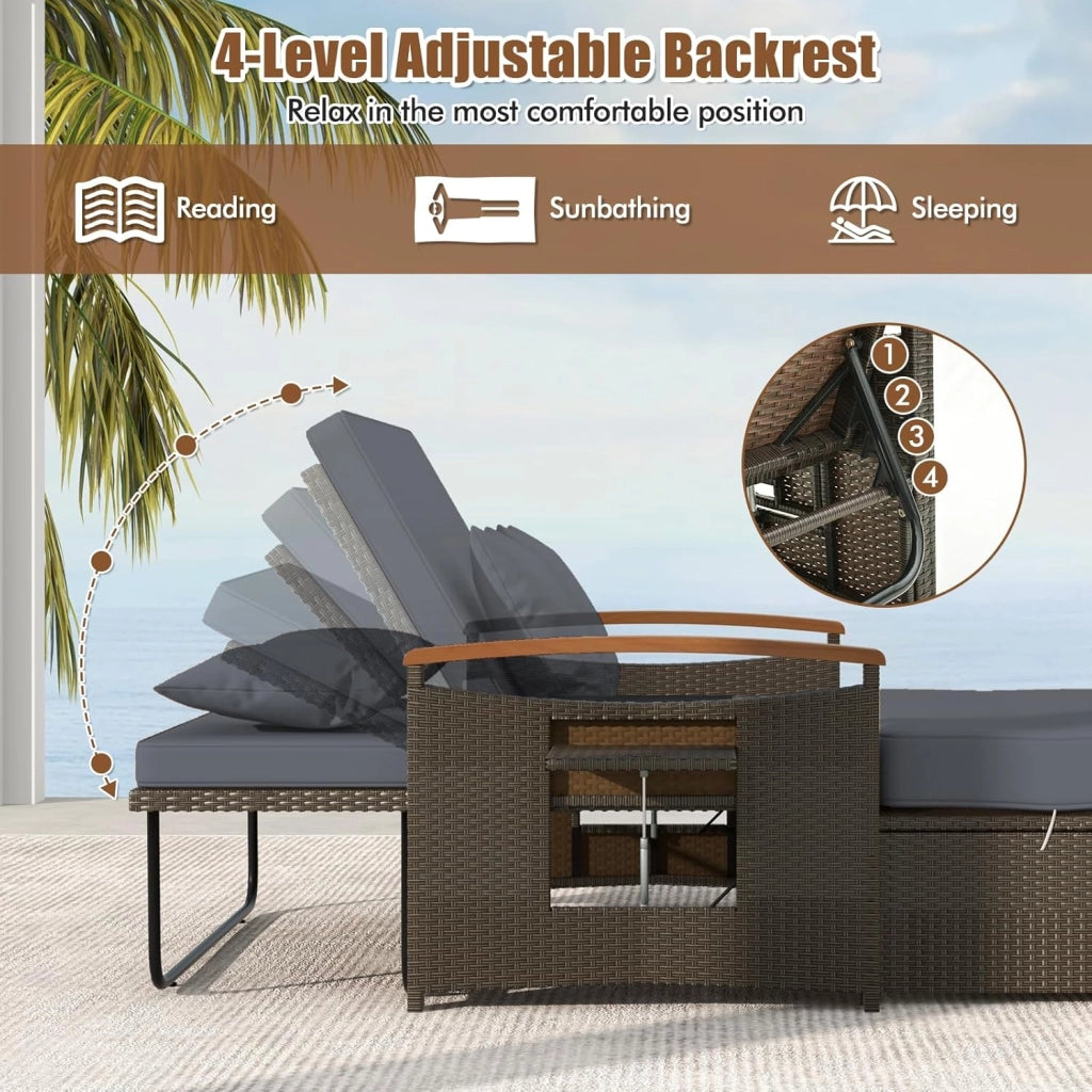 Divano da Giardino in Rattan a 2 Posti con Funzione Allungata, Set di Mobili in Rattan con Sgabello, Doppia Sedia a Sdraio per 2 Persone, 3 Colori (Cuscino Grigio)