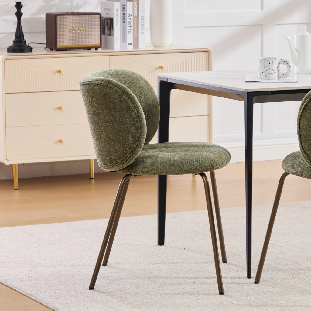 Sedia da pranzo Chenille moderna - Zephmum- Schienale curvo imbottito, gambe in bronzo, verde