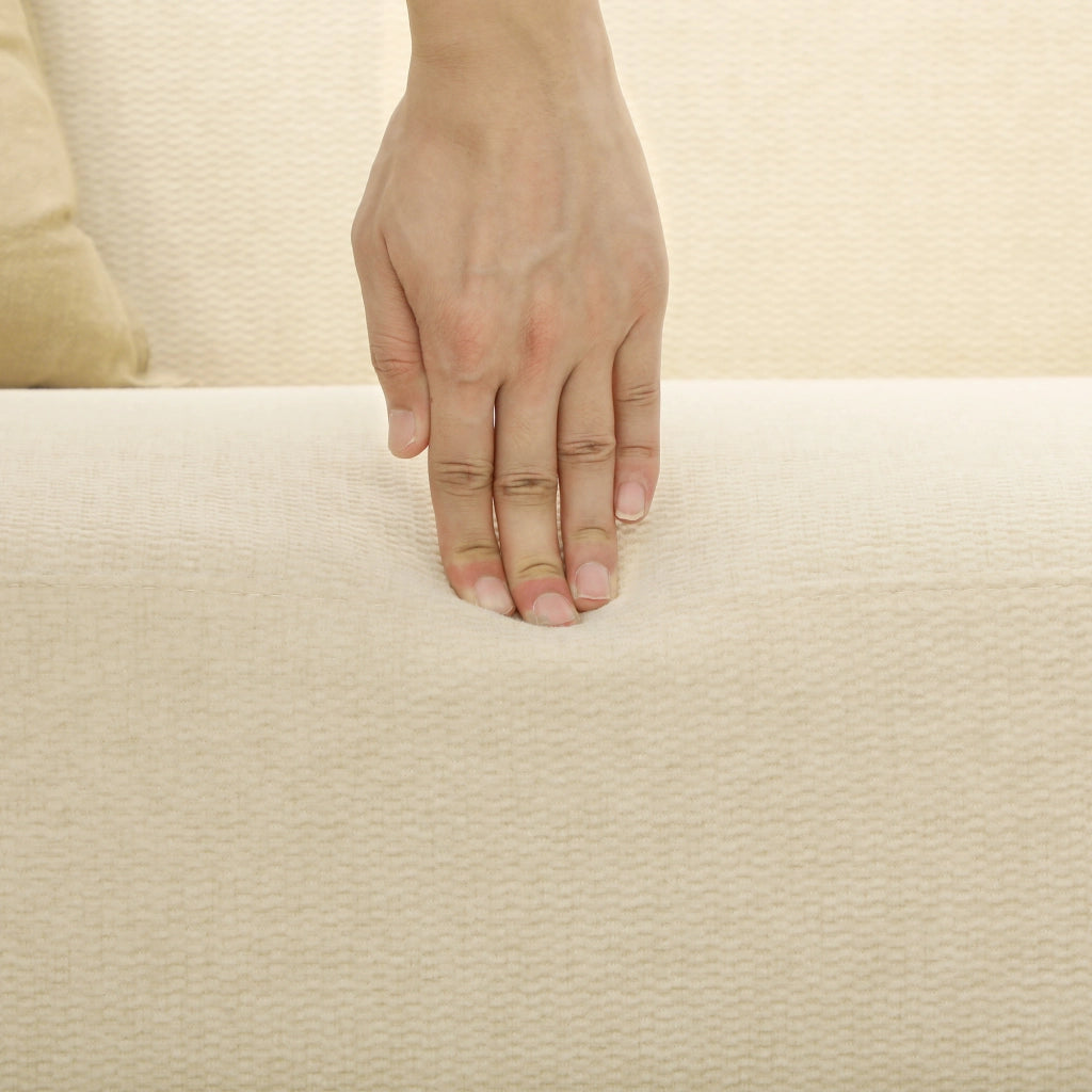 Divano a 2 posti compatto in velluto con seduta imbottita e braccioli, gambe in legno, bianco crema per soggiorno