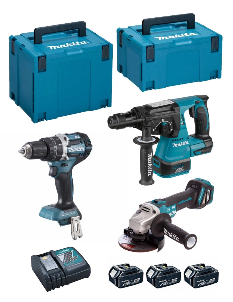 MAKITA Kit DLX3119TJ (DHP484 + DHR243 + DGA513 + 3 x 18V 5,0 Ah + DC18RC + MAKPAC 3 + MAKPAC 4)