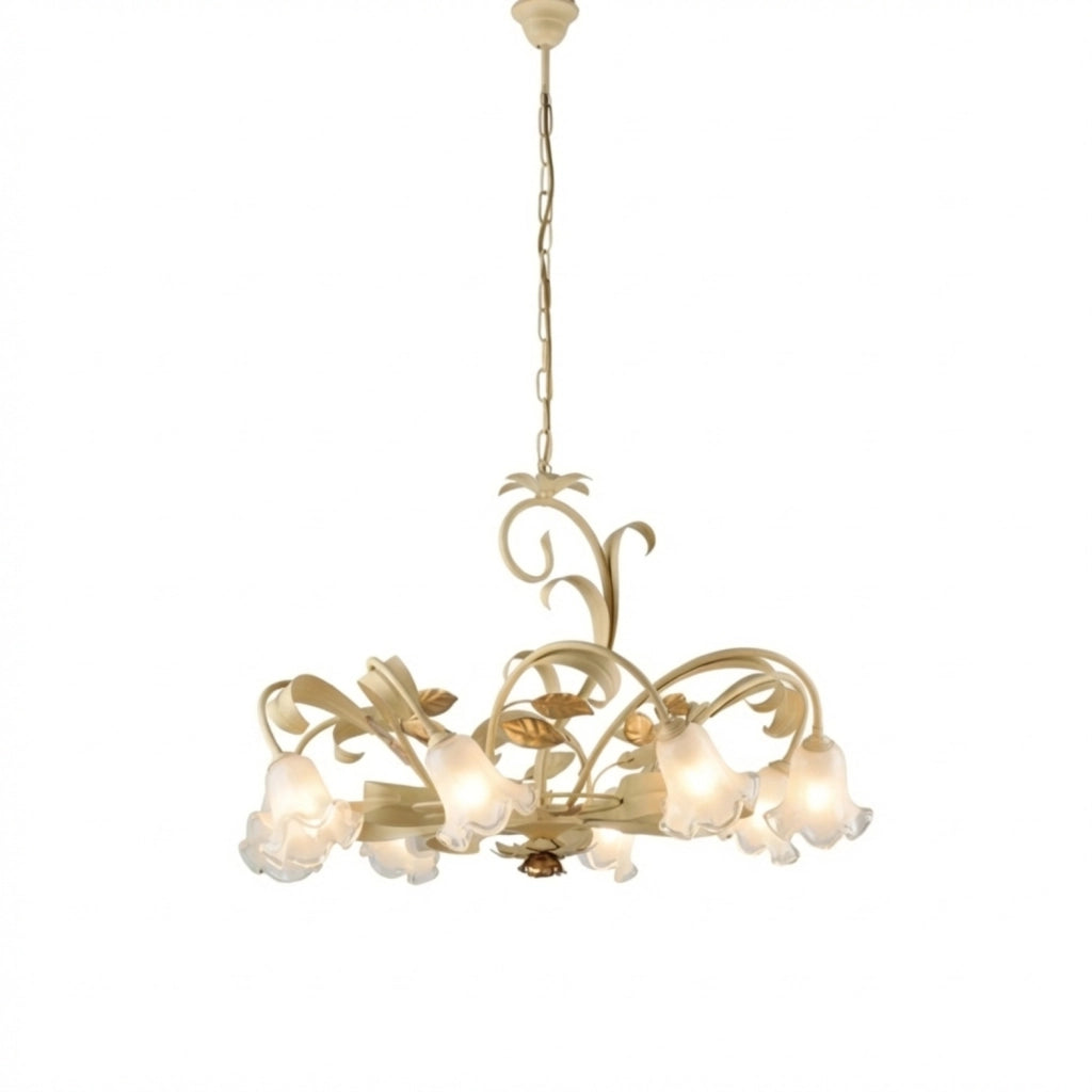 Lampadario Arte Povera Cesto Metallo Avorio E Oro 8 Luci E14