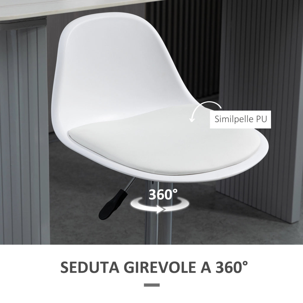 Easycomfort Set 2 Sgabelli da Cucina di Design Girevoli con Schienale, Poggiapiedi e Altezza Regolabile, in Similpelle e PP, Base in Acciaio, 38x42x82-104cm, Bianco