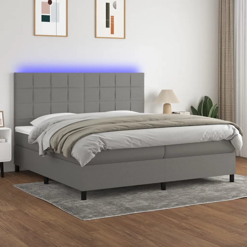 Letto a Molle Materasso e LED Grigio Scuro 200x200cm in Tessuto