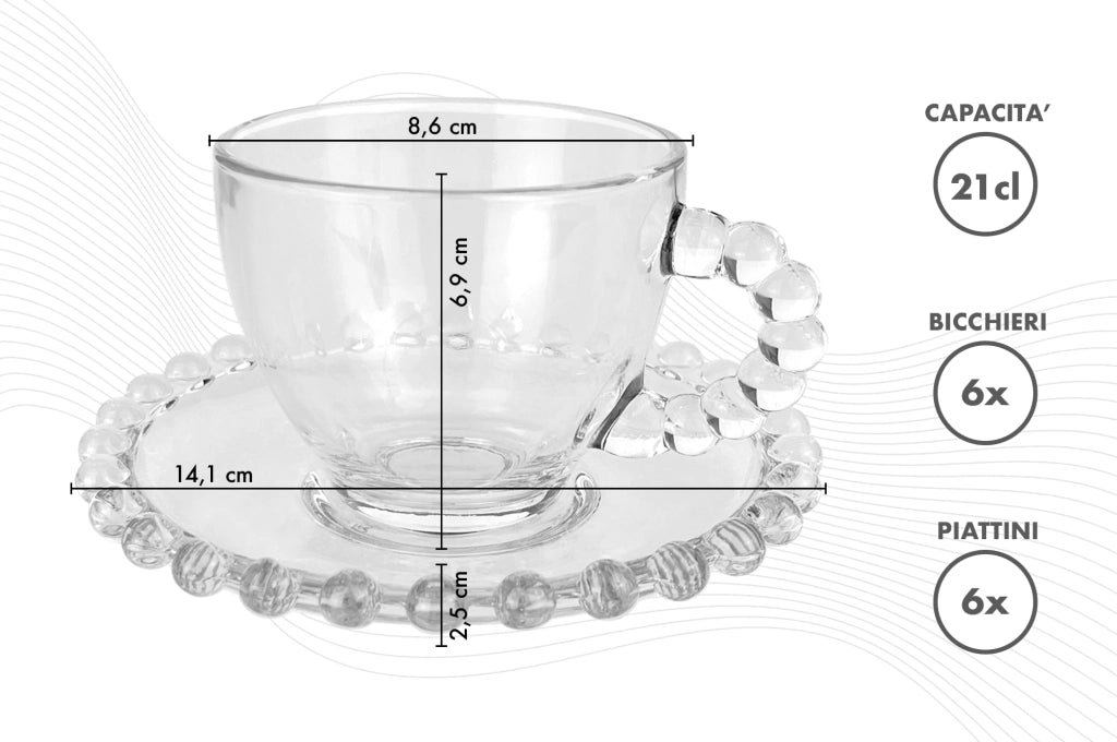 Set 6 Tazzine Da Tè Cappuccino In Vetro Con Piattino Eleganti 210 ML Lavabili In Lavastoviglie Trasparenti Certificate Contatto Alimentare In Elegante Confezione Regalo Ricamate Colazione