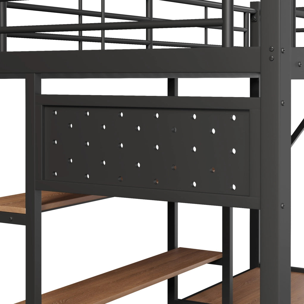 Letto a soppalco 90x200 cm con scrivania; ripiani; LED e USB; nero