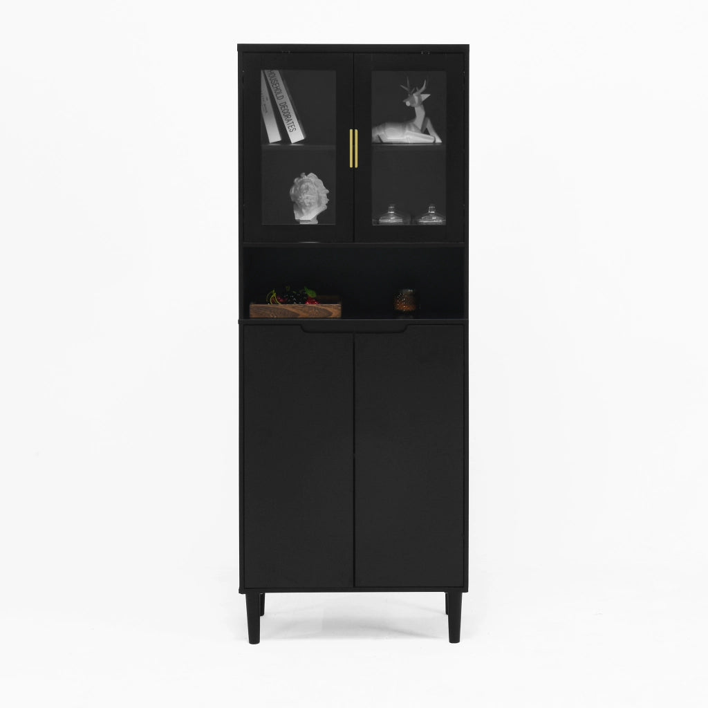Libreria Alta con Ante in Vetro Temperato e Ripiani Regolabili ¨C MINIMAL ¨C Nero, MDF Laccato