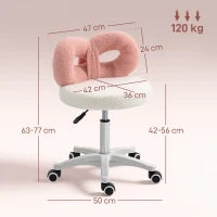 Sgabello Girevole ad Altezza Regolabile con Schienale ad Arco, in Tessuto Teddy, 50x50x63-77 cm, Bianco e Rosa