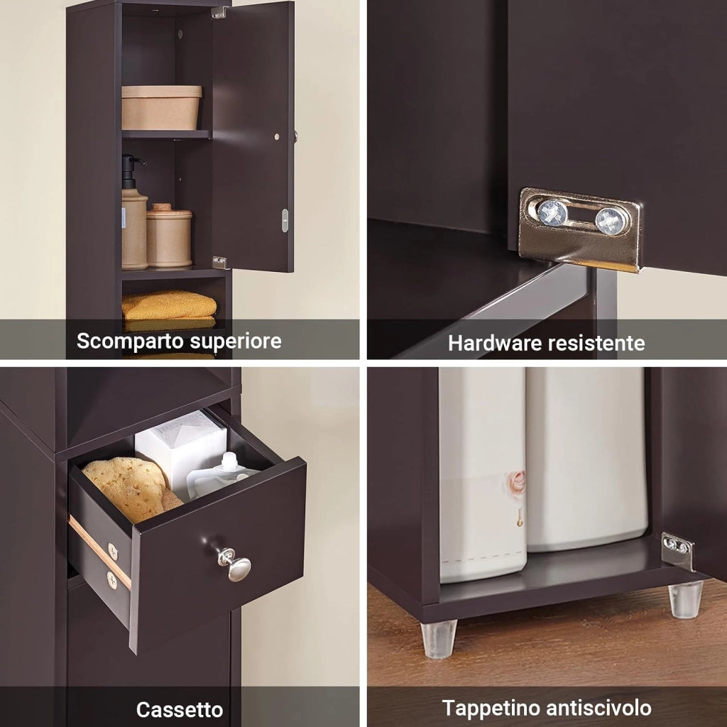 Mobile Bagno Stretta – Colonna Bagno Idrorepellente, Alto con Ripiani Regolabili e Cassetto – Armadietto Salvaspazio, MDF, Marrone scuro, 20x180x20cm, BZR34-II-BR