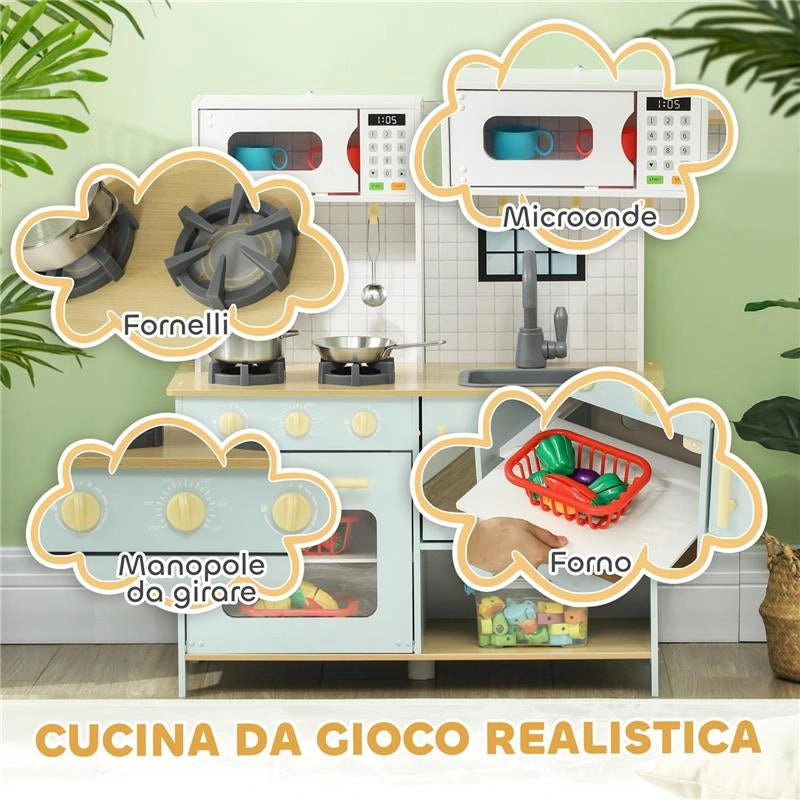 CUCINA GIOCATTOLO PER BAMBINI CON FORNELLI E ARMADIETTI, IN ACCIAIO, LEGNO E PP, 72X33X85.2 CM, BLU E BIANCO