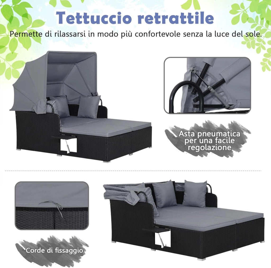 Lettino Prendisole per 2 Persone, Divano Letto Matrimoniale da Esterno in Rattan con Tettuccio Retrattile e Cuscini, Isola Prendisole per Giardino Cortile Balcone,165 x 153 x 138 cm (Grigio)