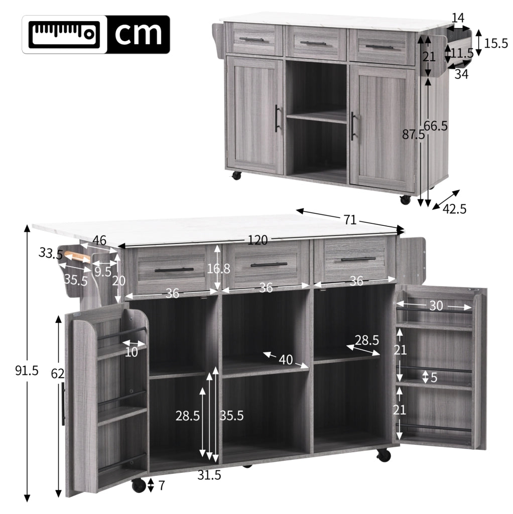Carrello da cucina 139x46(71)x91.5 cm con piano pieghevole e ampio spazio contenitivo in MDF grigio