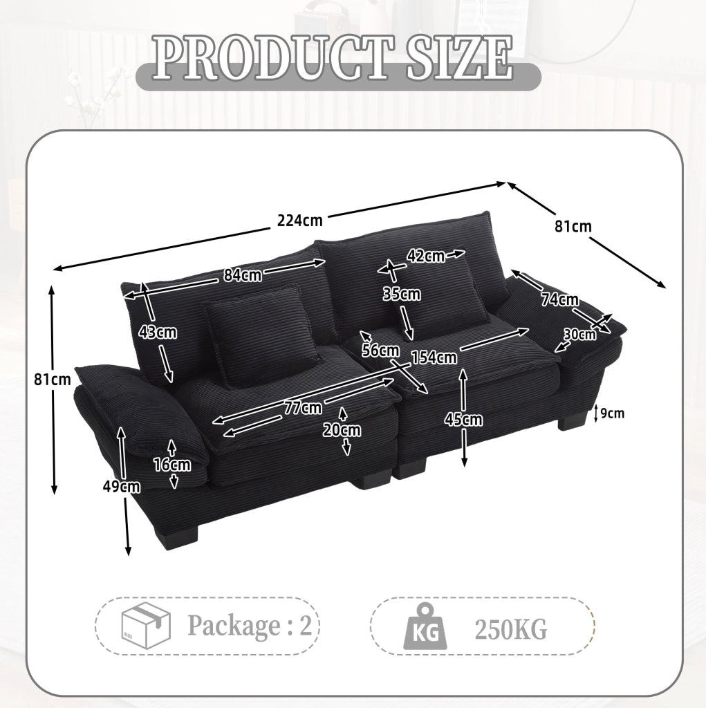 DIVANO a 2 posti 224x81x81 cm Velluto Nero con 2 cuscini