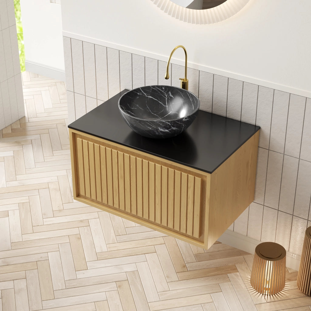 Mobile sottolavabo con lavabo in ceramica e piano in pietra sinterizzata, 1 cassetto per bagno, nero, 76 × 48 × 55.1 cm