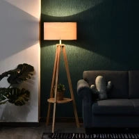 Lampada da Terra con Ripiano Intermedio Paralume in Lino Interruttore a Pedale Risparmio Energetico Altezza 154cm, Legno, 50x50x154 cm